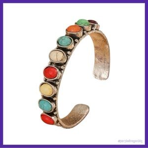 BOHEMIAN RETRO STYLE MIXED STONE SILVER PLATED ADJUSTABLE CUFF BRACELET …